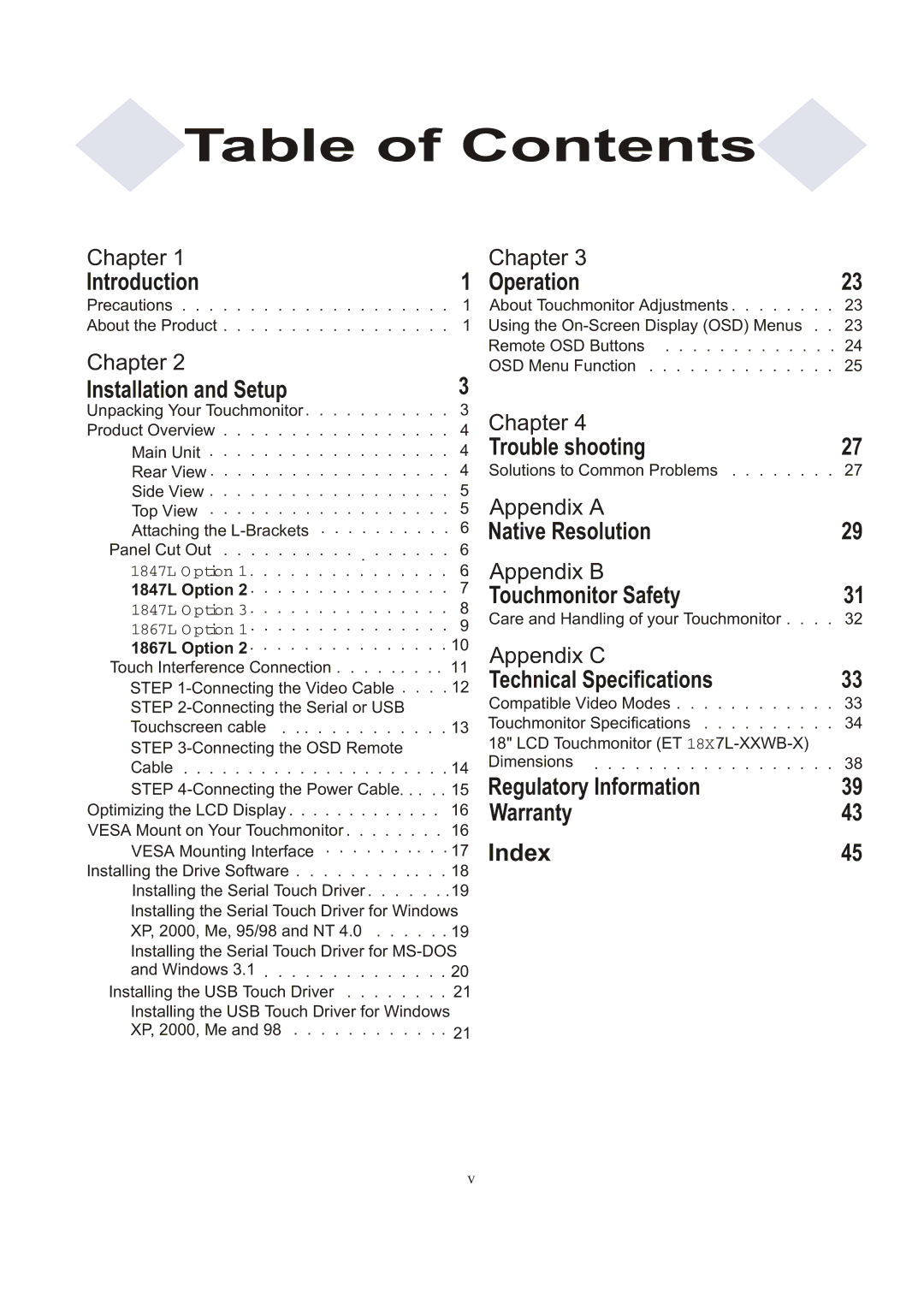 Elo TouchSystems 1847L manual Table of Contents 