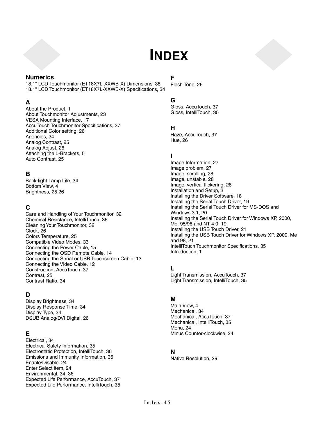 Elo TouchSystems 1847L manual Index 