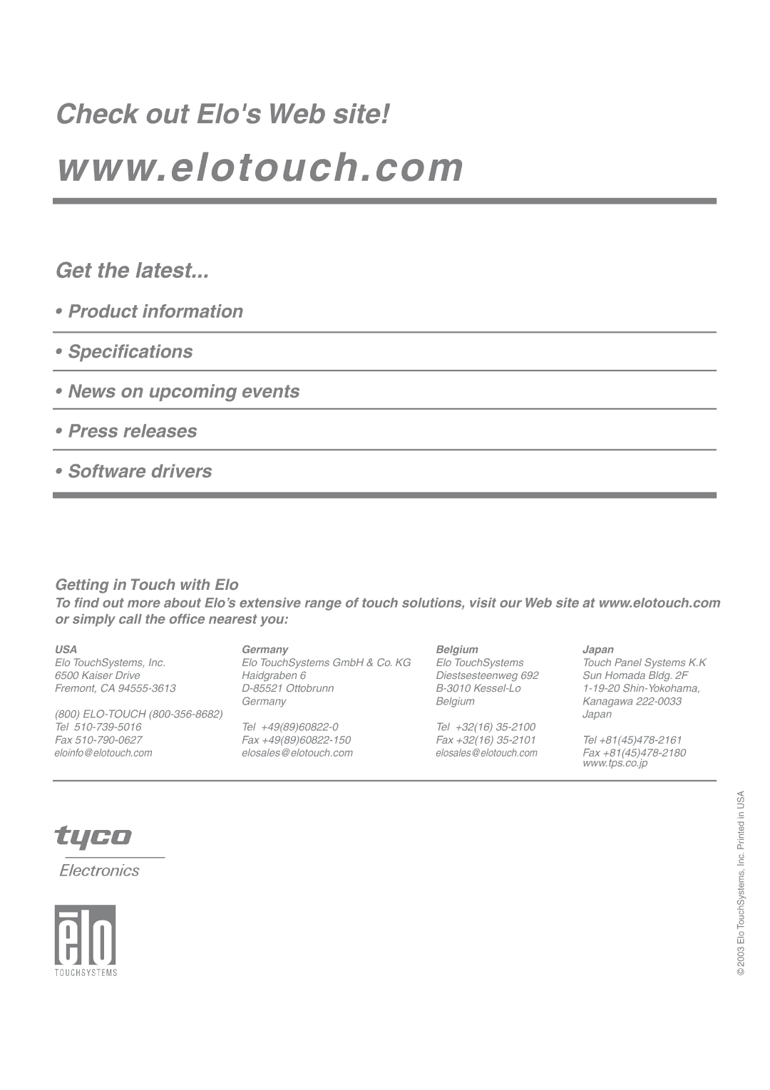 Elo TouchSystems 1847L manual Check out Elos Web site 