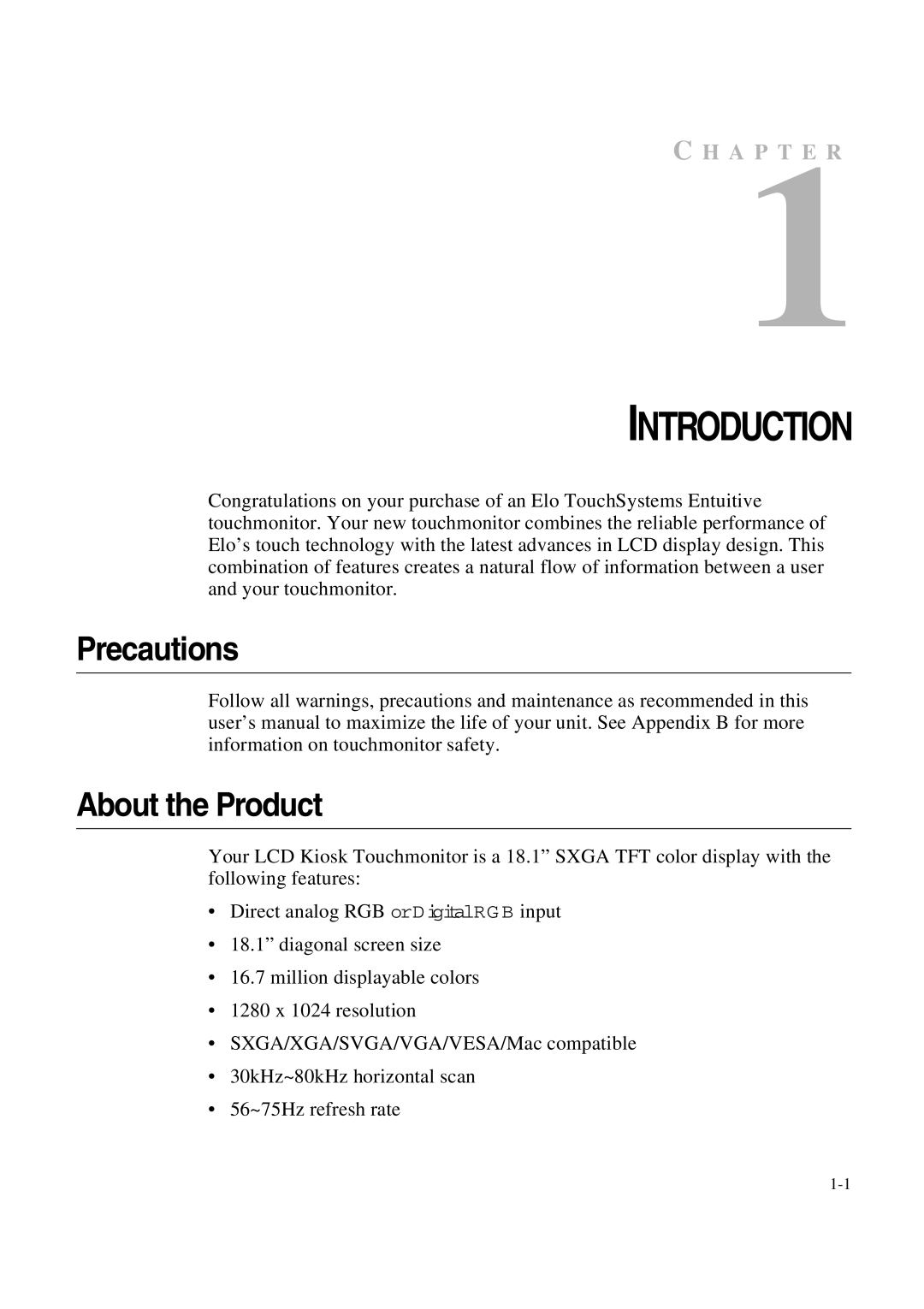 Elo TouchSystems 1847L manual Precautions, About the Product 