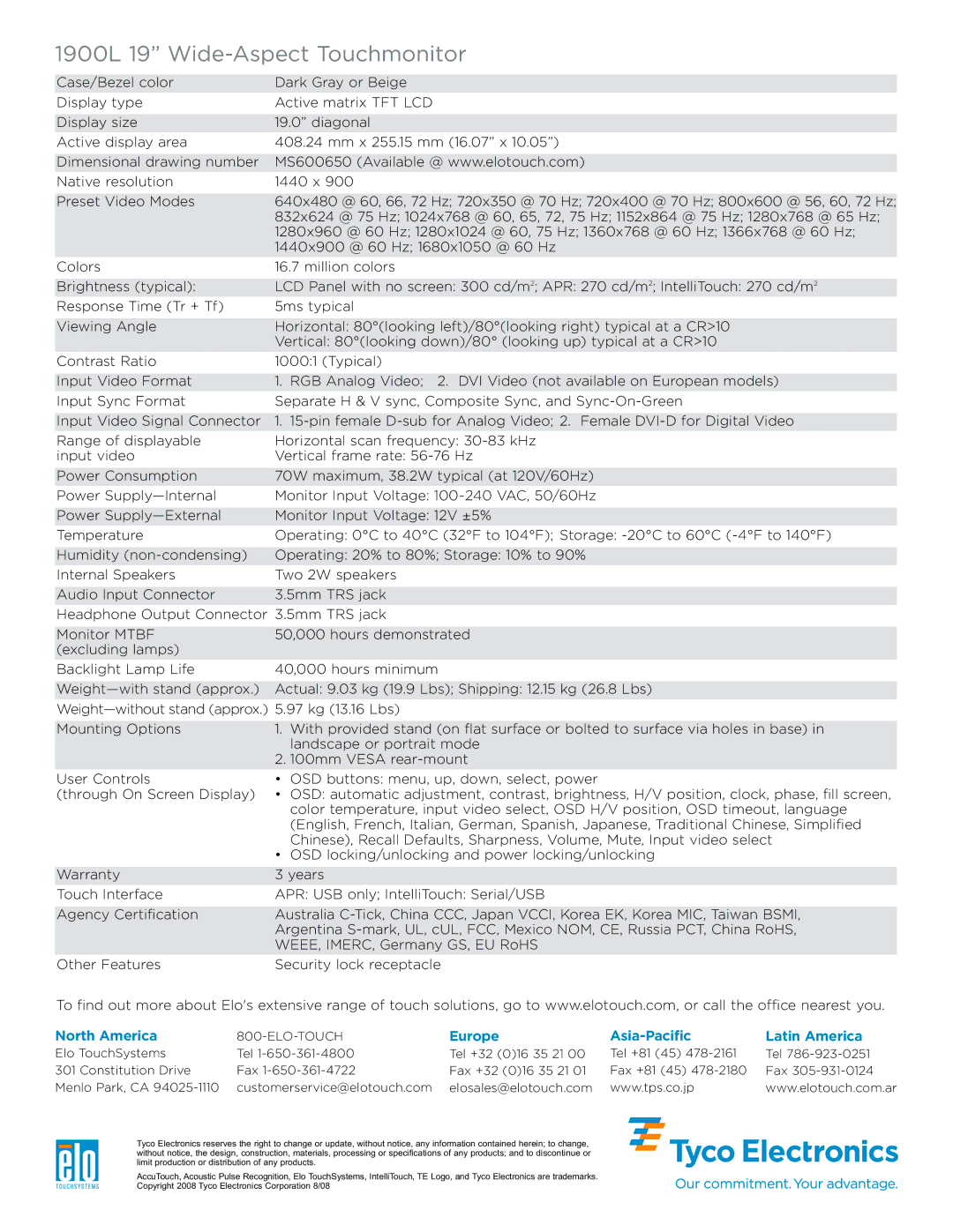 Elo TouchSystems manual 1900L 19 Wide-Aspect Touchmonitor, North America, Europe Asia-Pacific Latin America 