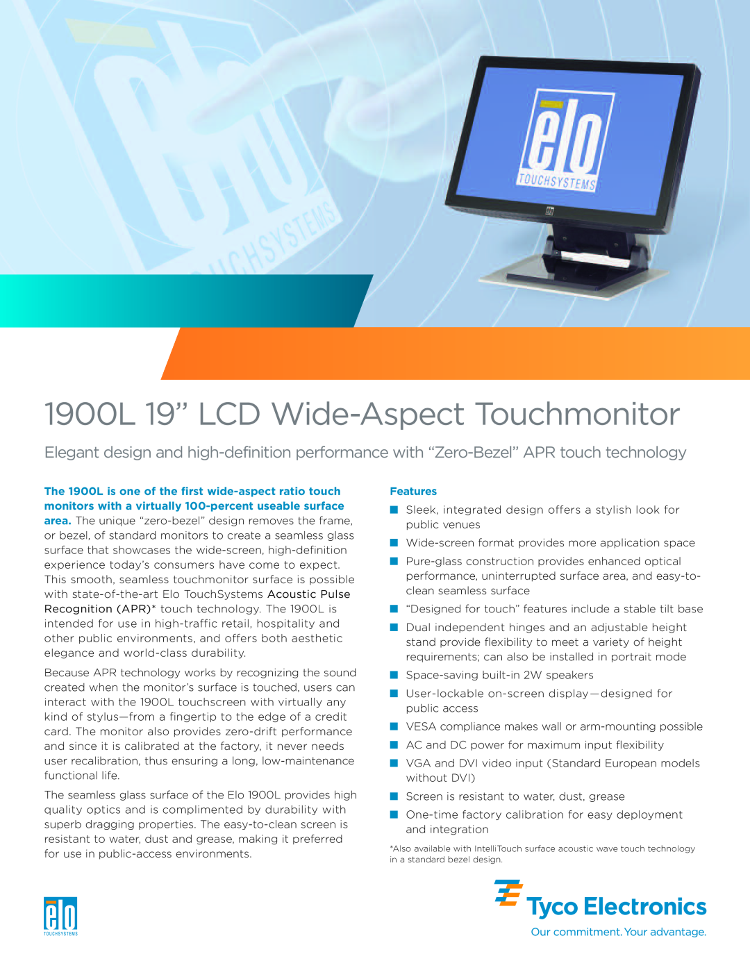 Elo TouchSystems manual Features, 1900L 19” LCDWide-Aspect Touchmonitor 