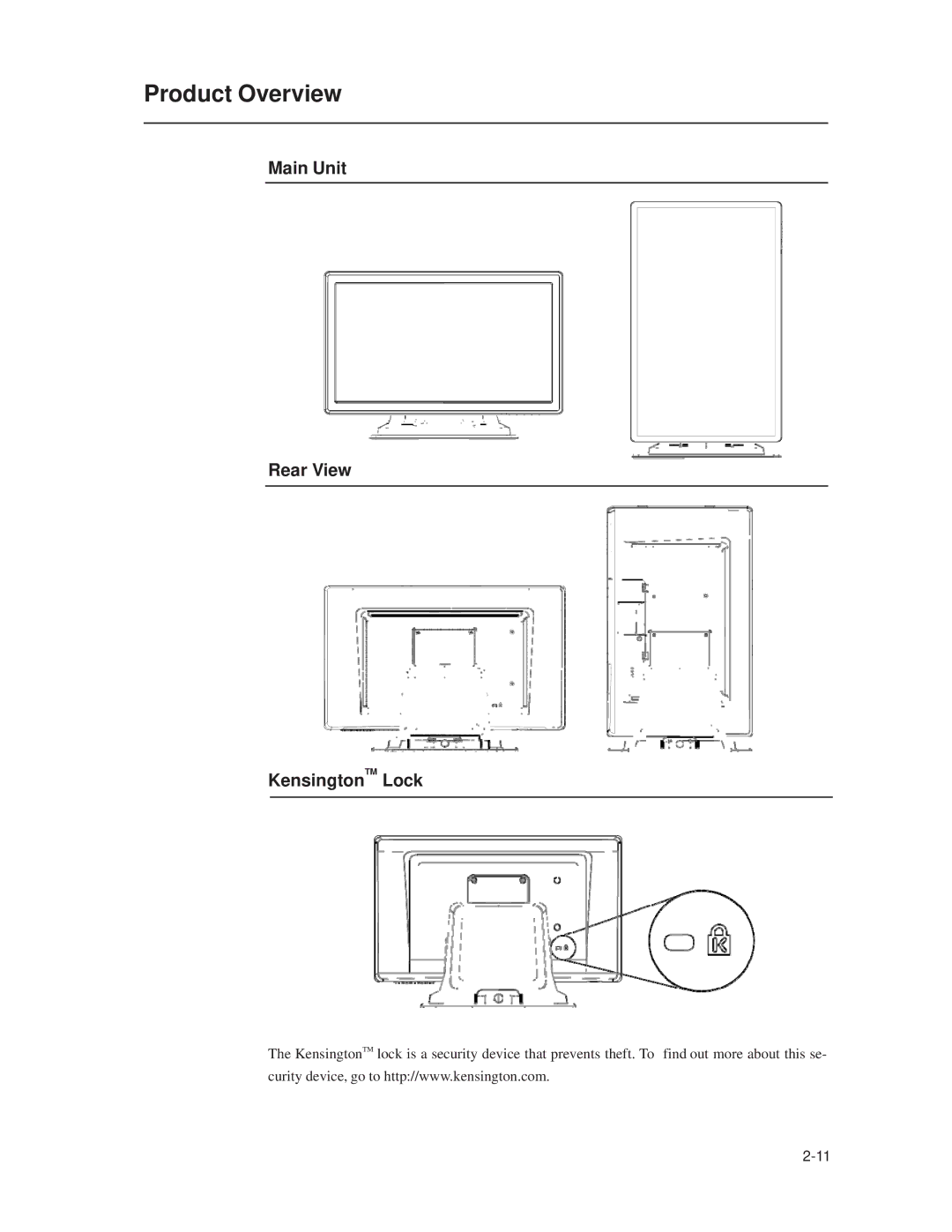 Elo TouchSystems 1519L, 1919L manual Product Overview, Main Unit Rear View KensingtonTM Lock 