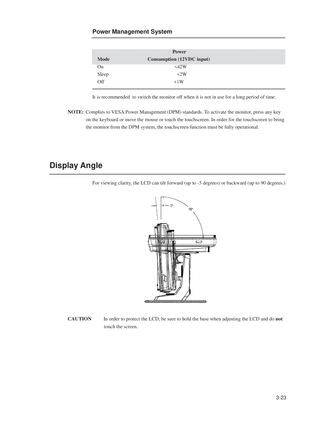 Elo TouchSystems 1519L, 1919L manual Display Angle, Power Management System, Mode Consumption 12VDC input 