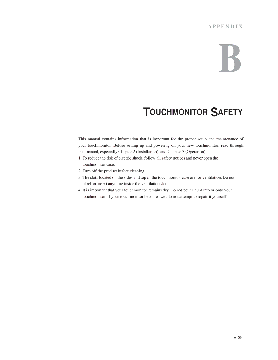 Elo TouchSystems 1519L, 1919L manual Touchmonitor Safety 