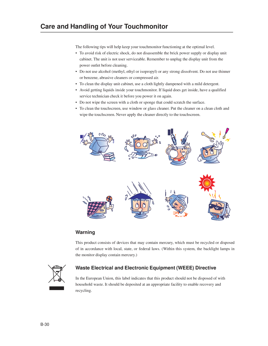 Elo TouchSystems 1919L Care and Handling of Your Touchmonitor, Waste Electrical and Electronic Equipment Weee Directive 