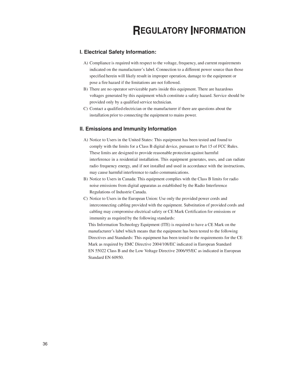 Elo TouchSystems 1919L manual Regulatory Information, Electrical Safety Information, II. Emissions and Immunity Information 