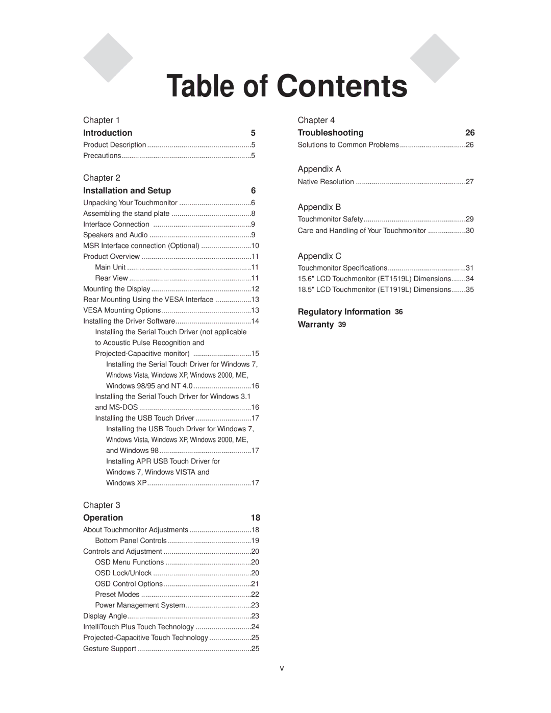 Elo TouchSystems 1919L, 1519L manual Table of Contents 