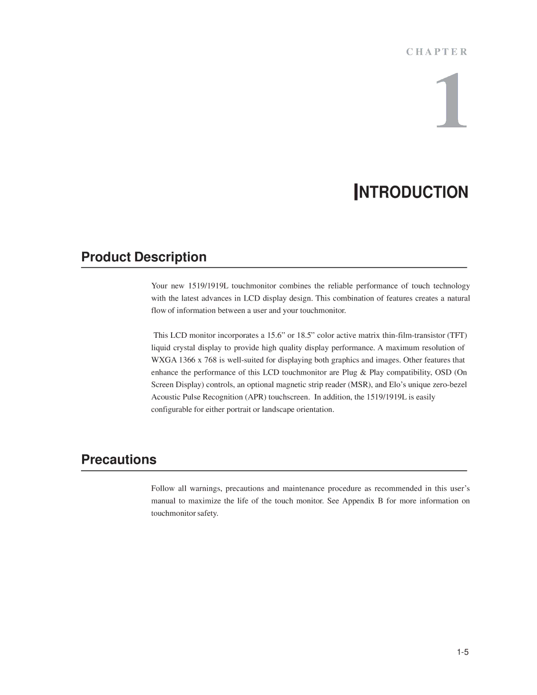 Elo TouchSystems 1519L, 1919L manual Introduction, Product Description, Precautions 