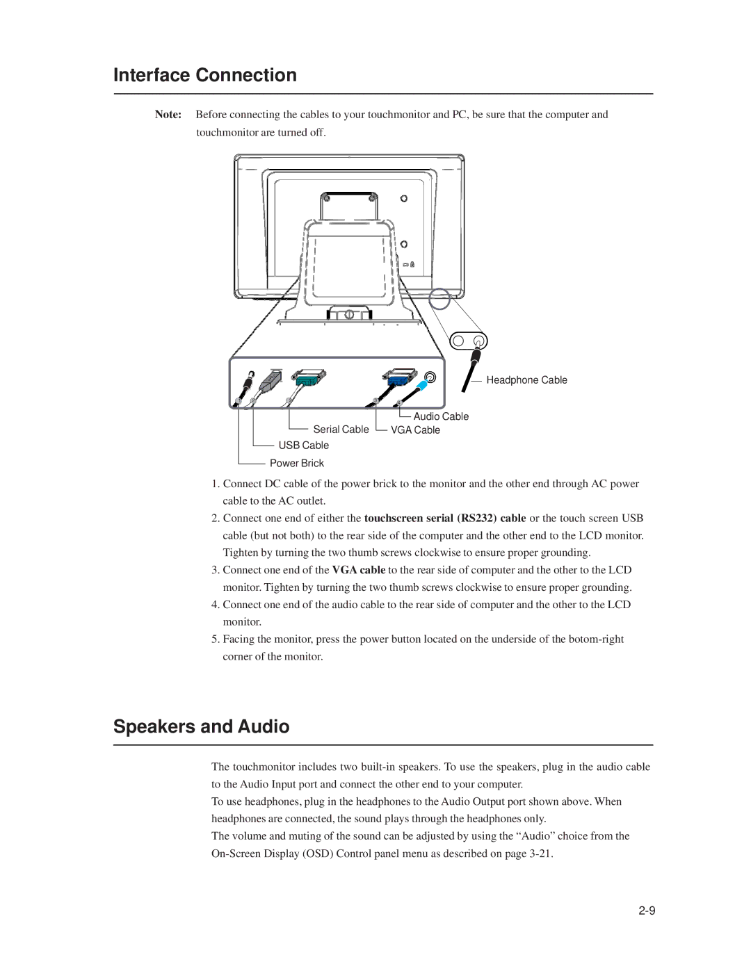 Elo TouchSystems 1519L, 1919L manual Interface Connection, Speakers and Audio 