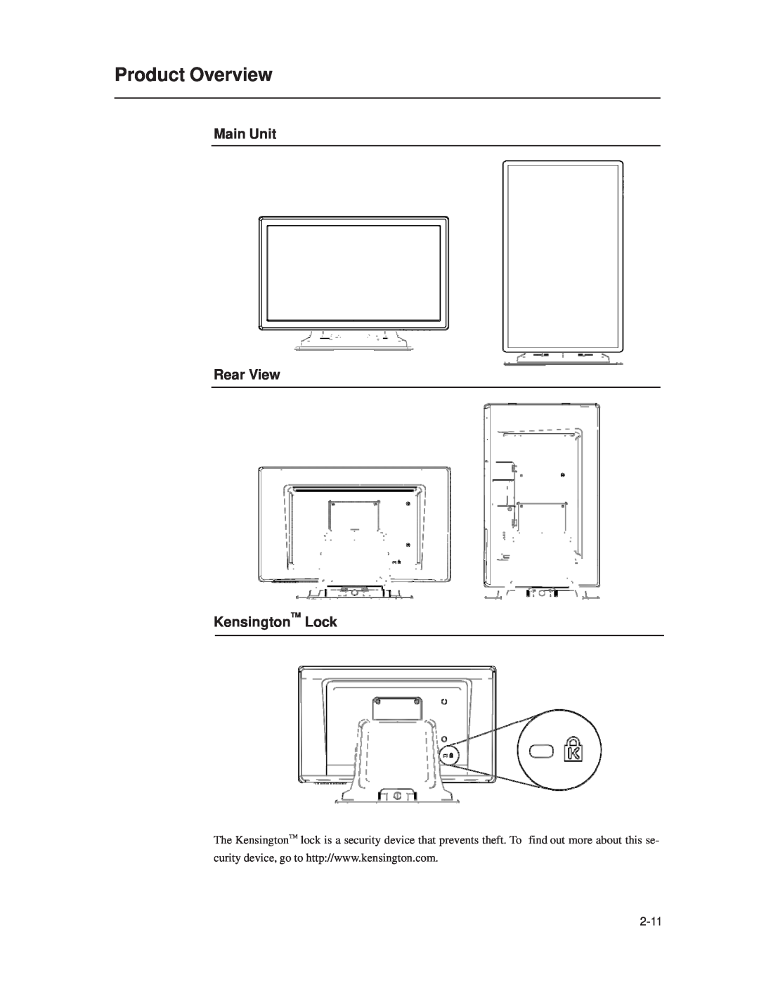 Elo TouchSystems 1519L, 1919L manual Product Overview, Main Unit Rear View KensingtonTM Lock, 2-11 