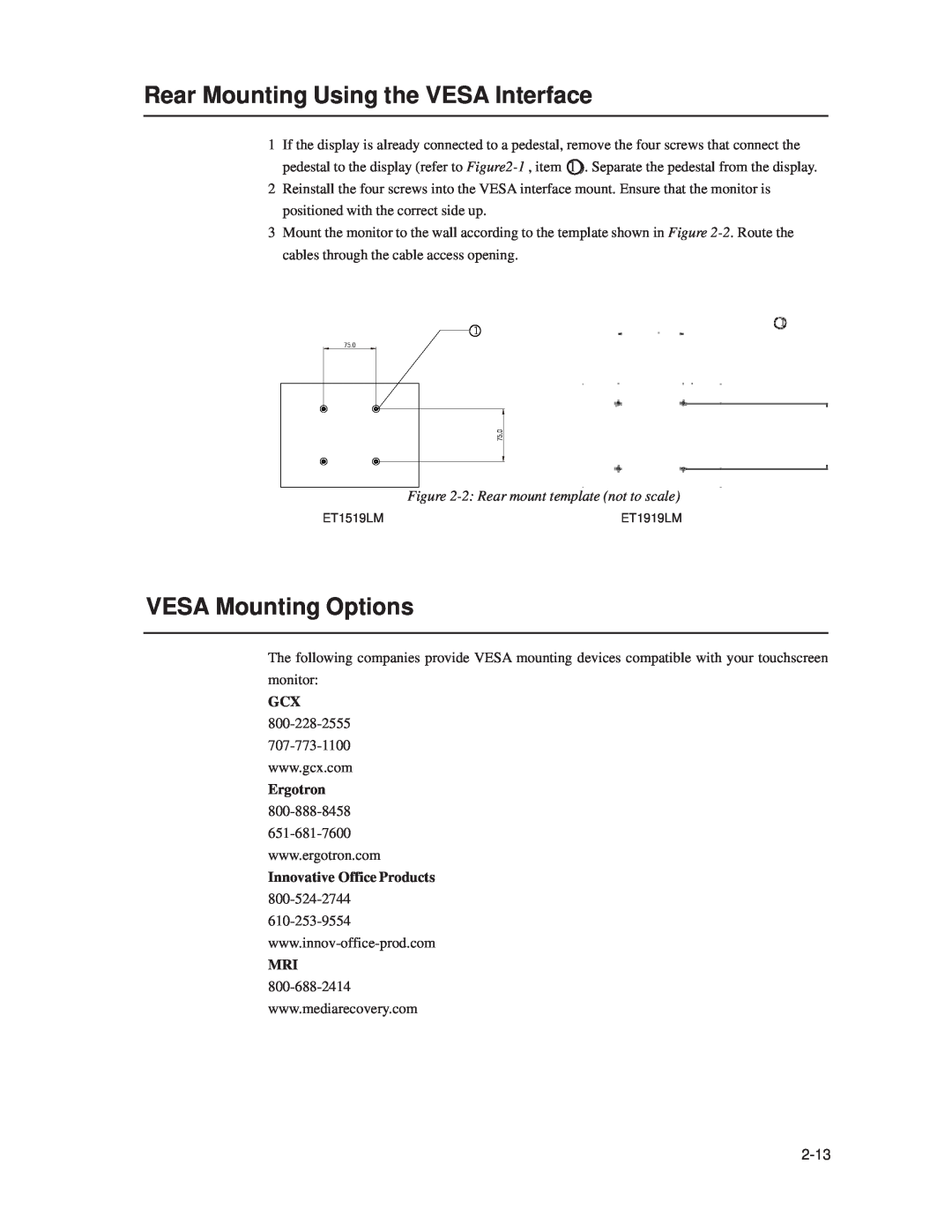 Elo TouchSystems 1519L, 1919L manual Rear Mounting Using the VESA Interface, VESA Mounting Options, 2-13, Ergotron 