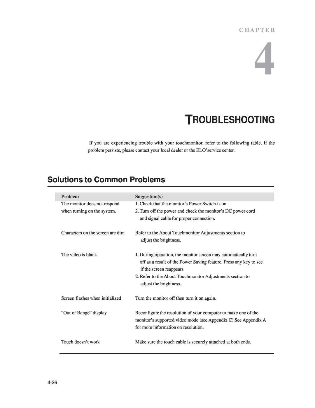 Elo TouchSystems 1919L, 1519L manual Troubleshooting, Solutions to Common Problems, 4-26, C H A P T E R 
