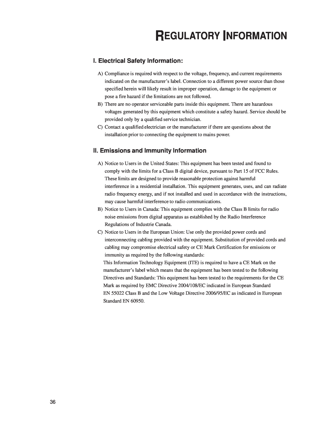 Elo TouchSystems 1919L Regulatory Information, I. Electrical Safety Information, II. Emissions and Immunity Information 