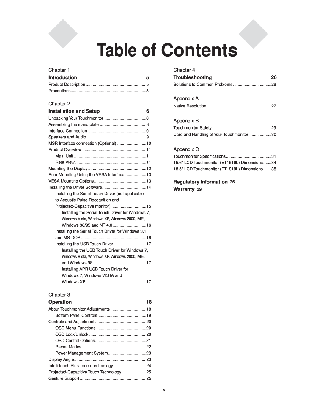 Elo TouchSystems 1919L Chapter, Introduction, Installation and Setup, Troubleshooting, Appendix A, Appendix B, Appendix C 