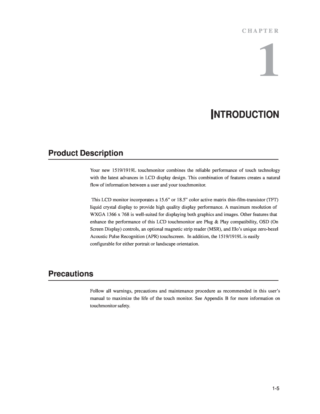 Elo TouchSystems 1519L, 1919L manual Introduction, Product Description, Precautions, C H A P T E R 