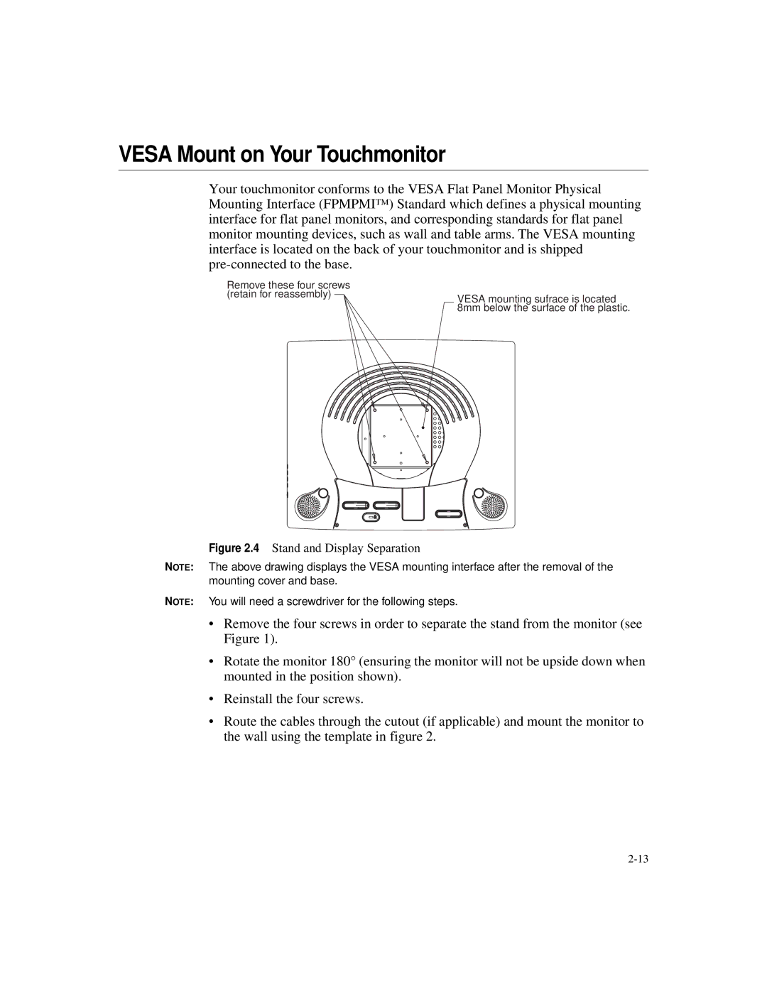 Elo TouchSystems 1925L manual Vesa Mount on Your Touchmonitor, Stand and Display Separation 