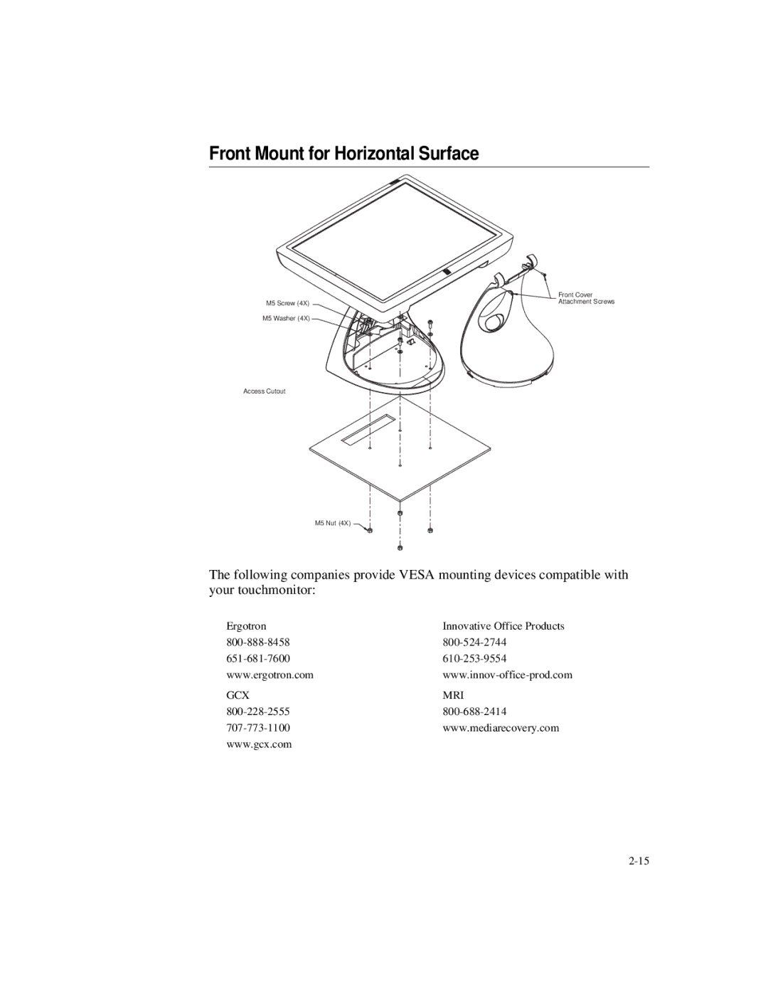 Elo TouchSystems 1925L manual Front Mount for Horizontal Surface 