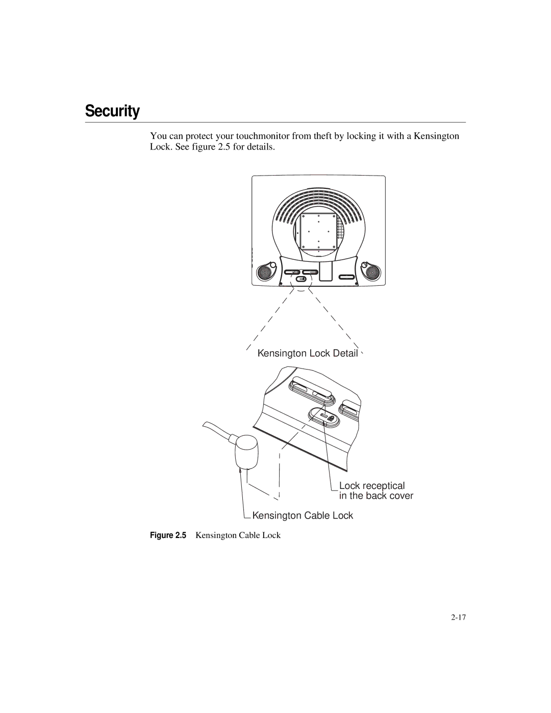 Elo TouchSystems 1925L manual Security, Kensington Cable Lock 