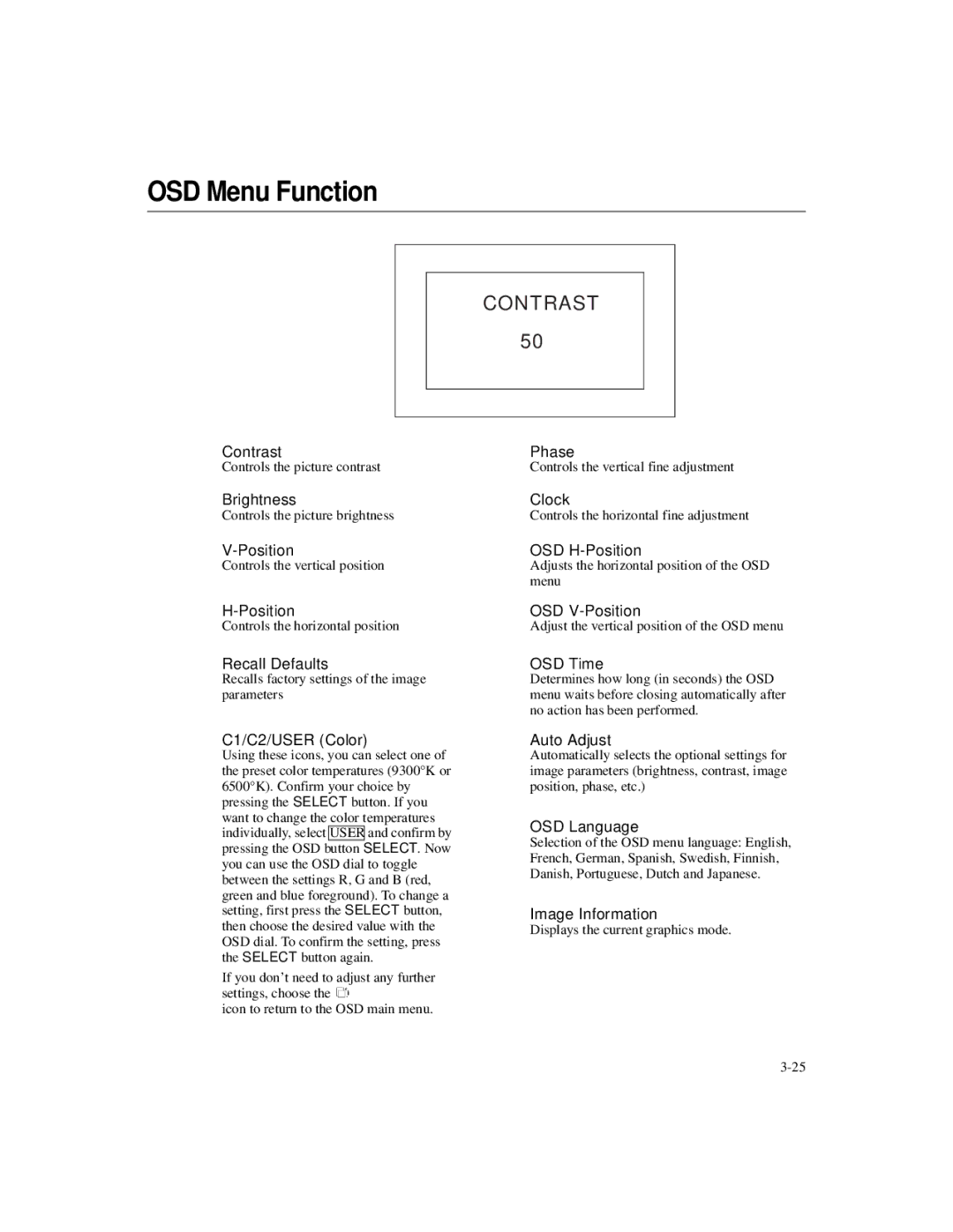 Elo TouchSystems 1925L manual OSD Menu Function 