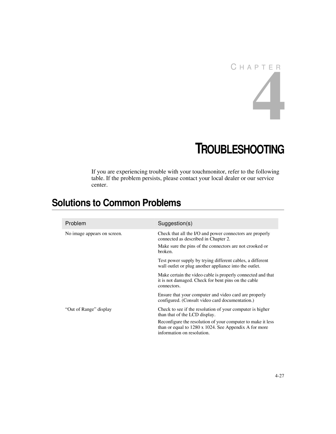 Elo TouchSystems 1925L manual Troubleshooting, Solutions to Common Problems, Problem Suggestions 