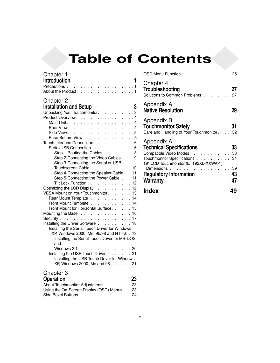 Elo TouchSystems 1925L manual Table of Contents 