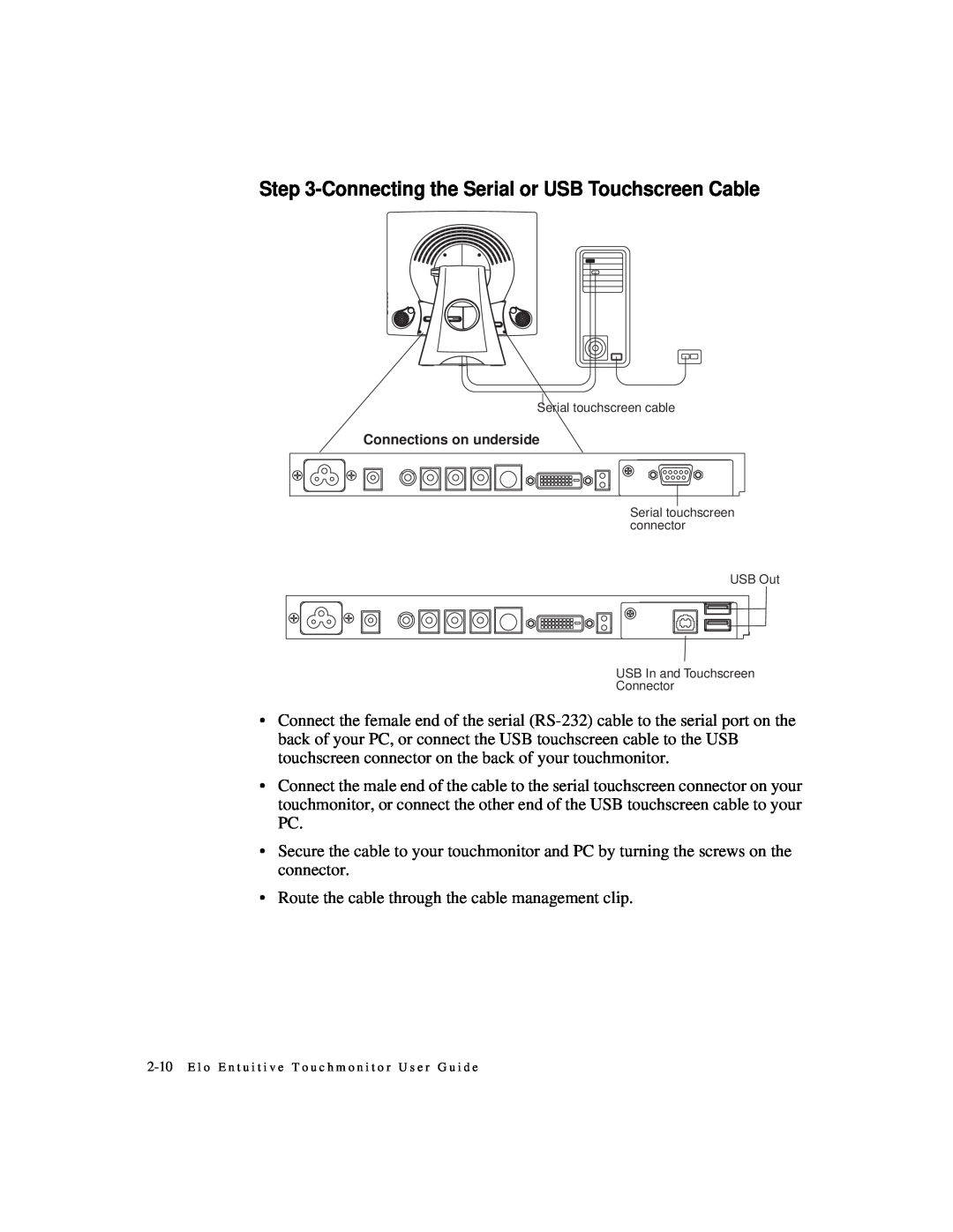 Elo TouchSystems 1925L manual Connecting the Serial or USB Touchscreen Cable 