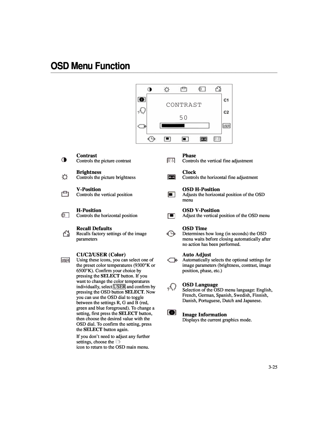 Elo TouchSystems 1925L OSD Menu Function, Contrast, Brightness, V-Position, H-Position, Recall Defaults, C1/C2/USER Color 