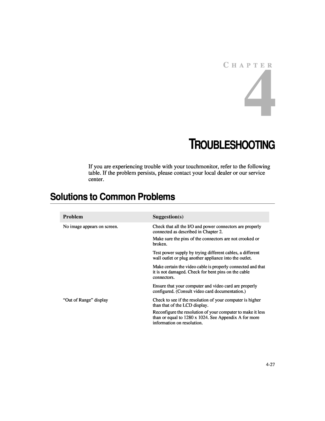 Elo TouchSystems 1925L manual Troubleshooting, Solutions to Common Problems, C H A P T E R, Suggestions 
