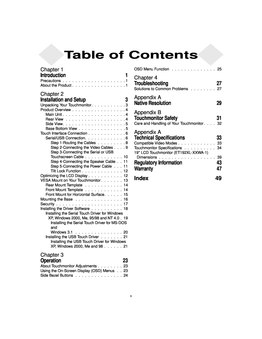 Elo TouchSystems 1925L manual Table of Contents 
