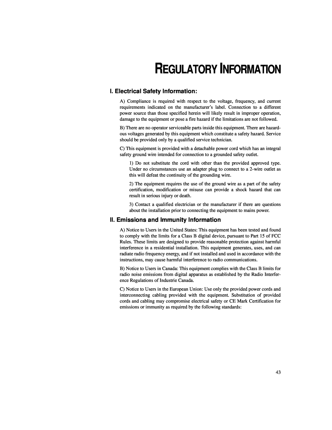 Elo TouchSystems 1925L Regulatory Information, I. Electrical Safety Information, II. Emissions and Immunity Information 