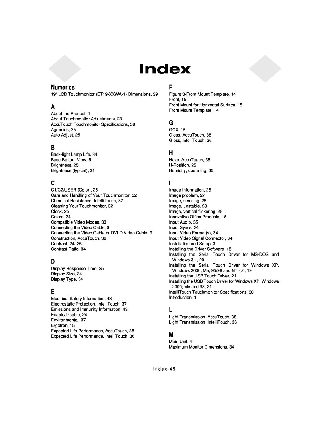 Elo TouchSystems 1925L manual Index, Numerics 