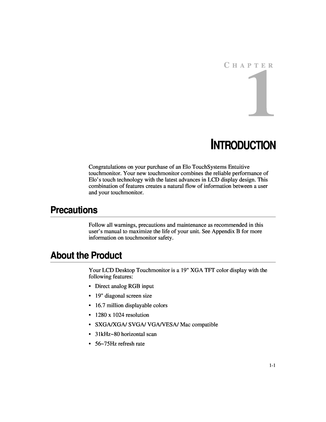 Elo TouchSystems 1925L manual Introduction, Precautions, About the Product, C H A P T E R 