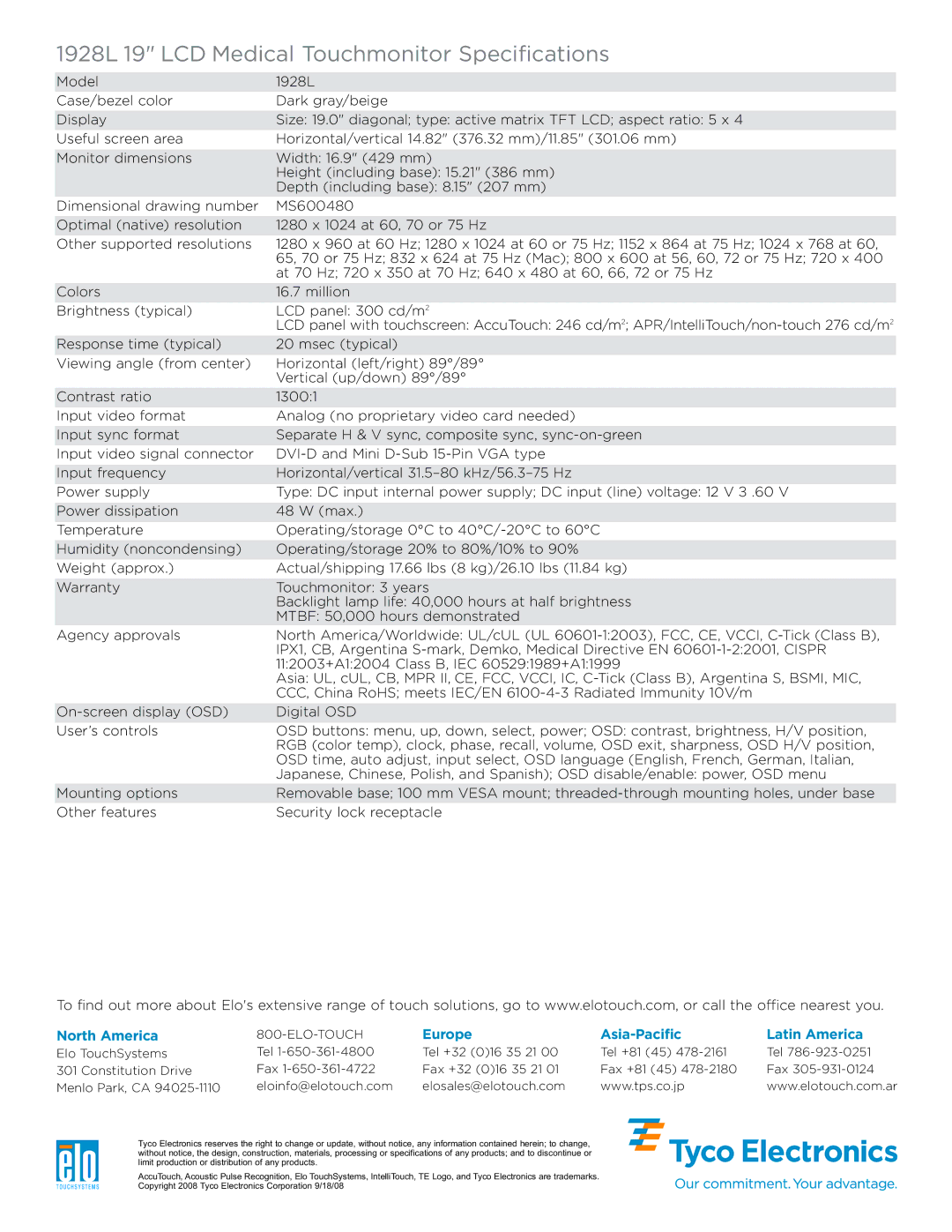 Elo TouchSystems 1928L 19 LCD Medical Touchmonitor Specifications, North America, Europe Asia-Pacific Latin America 