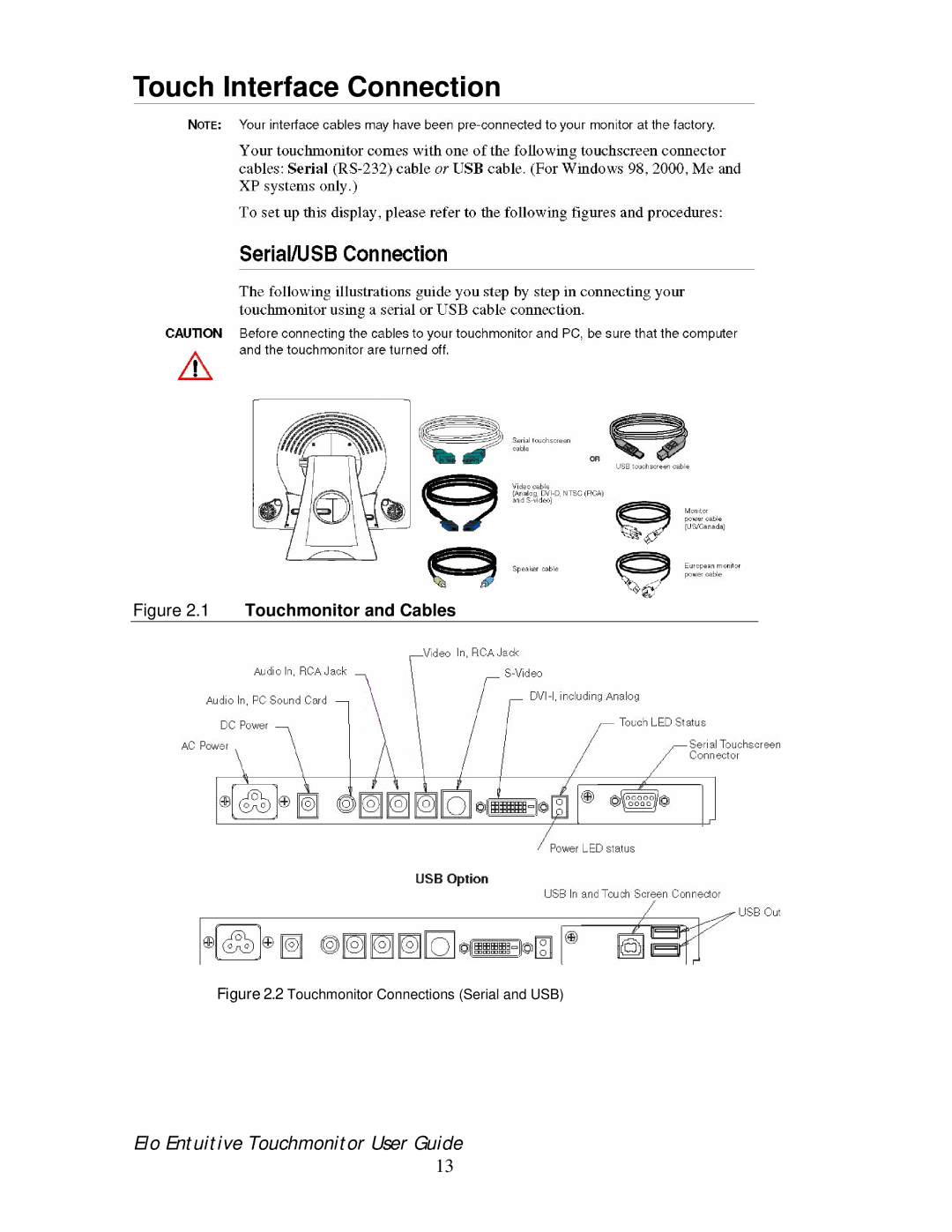 Elo TouchSystems 192XL-XXWA-1 Series manual Touch Interface Connection, Touchmonitor and Cables 