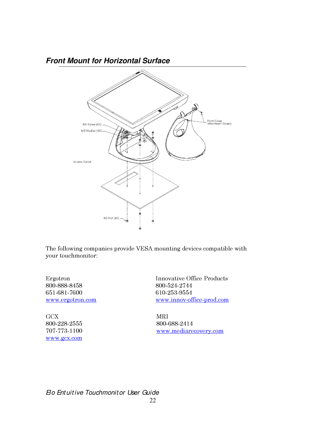 Elo TouchSystems 192XL-XXWA-1 Series manual Front Mount for Horizontal Surface 