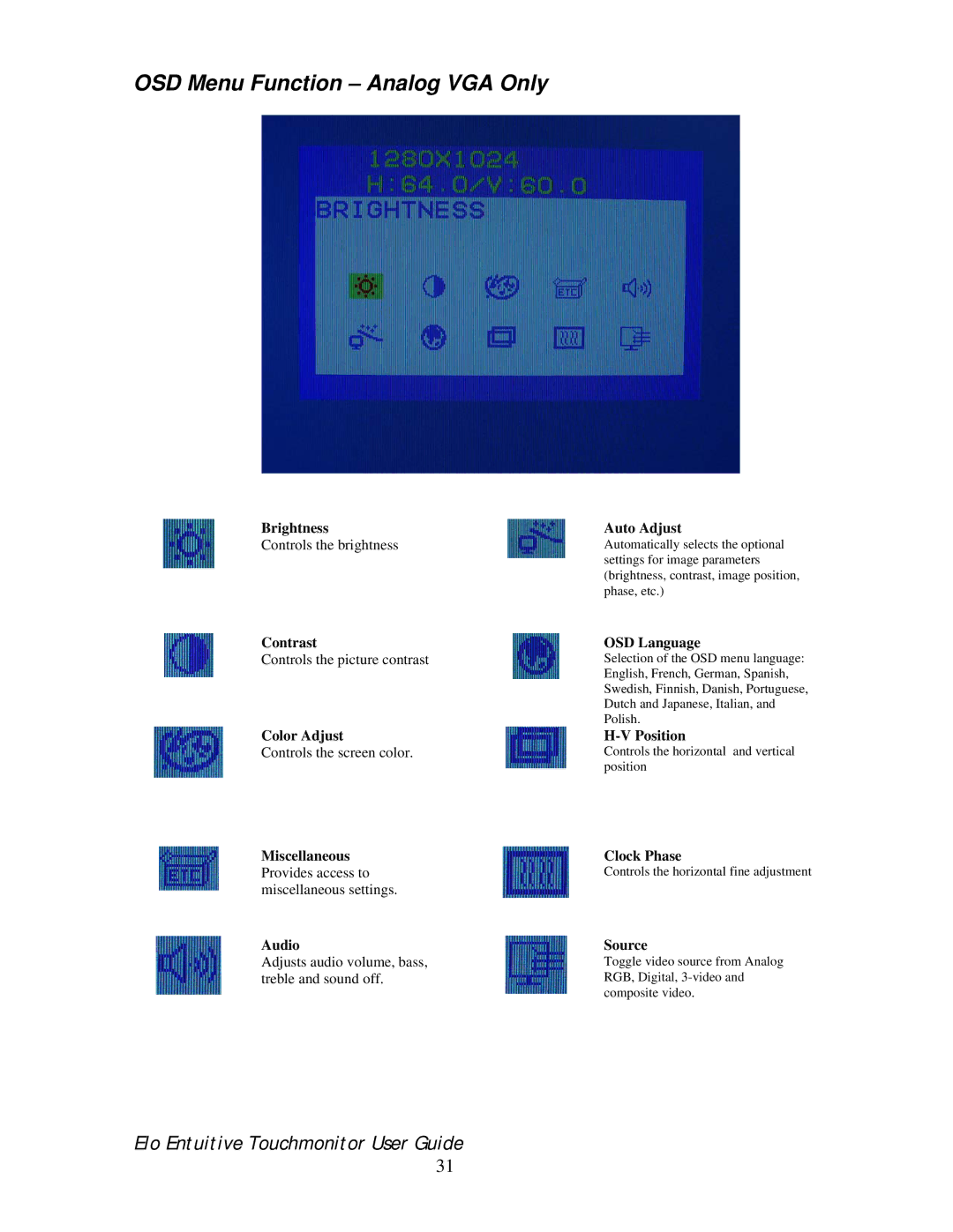 Elo TouchSystems 192XL-XXWA-1 Series manual OSD Menu Function Analog VGA Only, Brightness Auto Adjust 