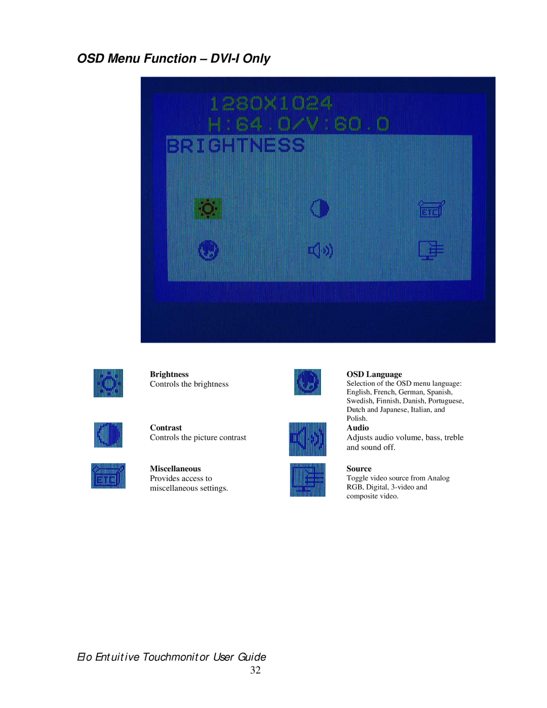 Elo TouchSystems 192XL-XXWA-1 Series manual OSD Menu Function DVI-I Only, Brightness OSD Language 