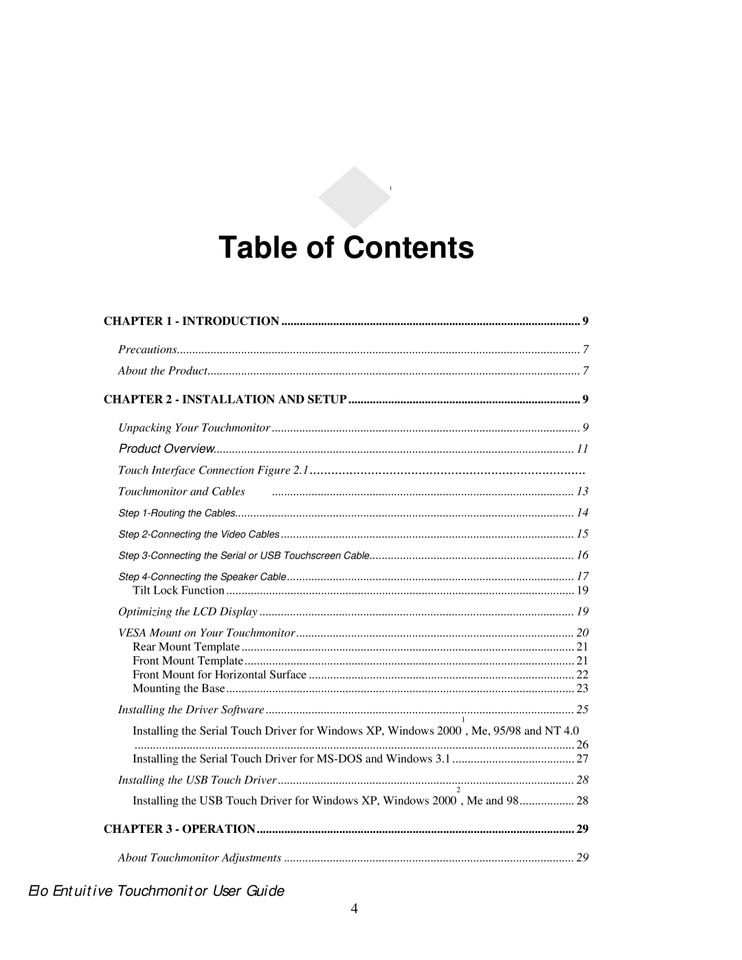 Elo TouchSystems 192XL-XXWA-1 Series manual Table of Contents 