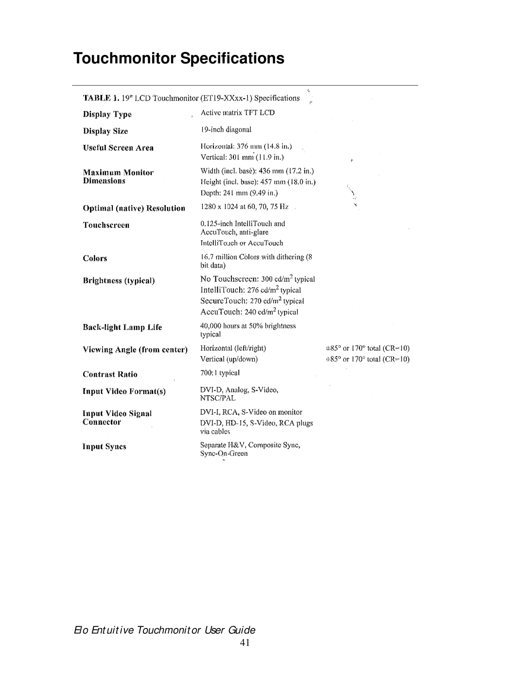 Elo TouchSystems 192XL-XXWA-1 Series manual Touchmonitor Specifications 