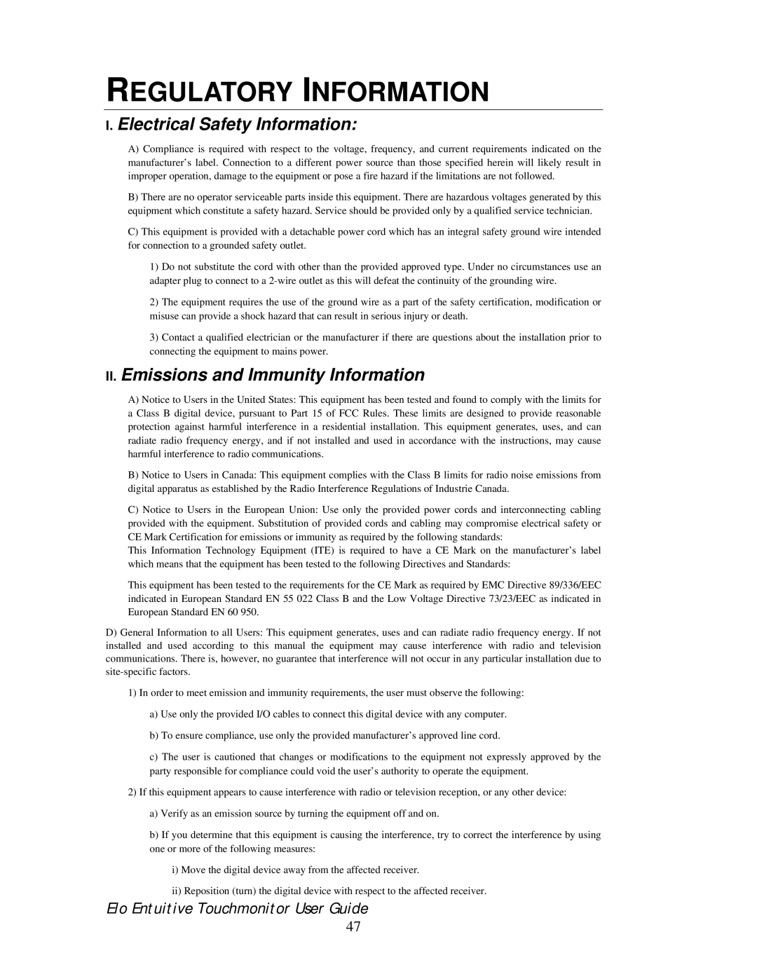 Elo TouchSystems 192XL-XXWA-1 Series manual Electrical Safety Information, II. Emissions and Immunity Information 