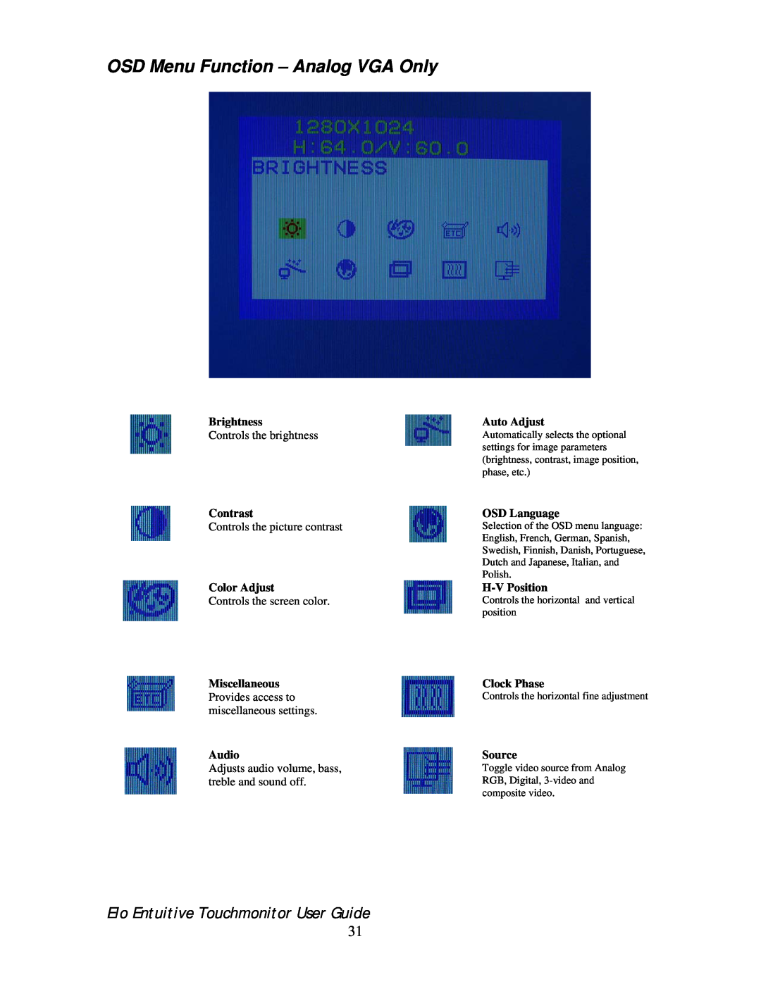Elo TouchSystems 192XL-XXWA-1 Series manual OSD Menu Function - Analog VGA Only, Elo Entuitive Touchmonitor User Guide 