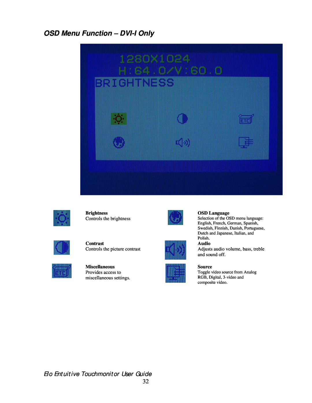 Elo TouchSystems 192XL-XXWA-1 Series OSD Menu Function - DVI-I Only, Elo Entuitive Touchmonitor User Guide, and sound off 