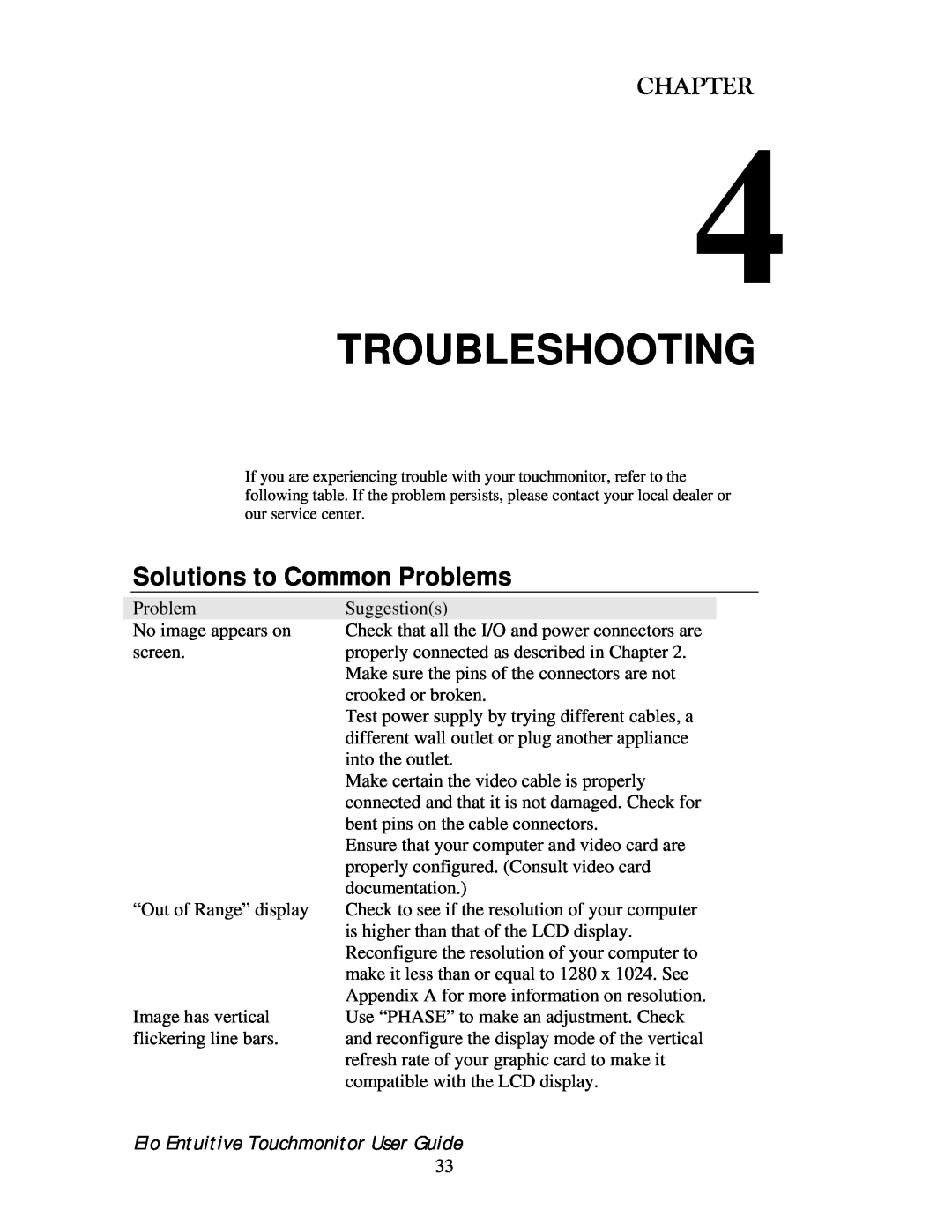 Elo TouchSystems 192XL-XXWA-1 Series manual Troubleshooting, Solutions to Common Problems, Chapter 