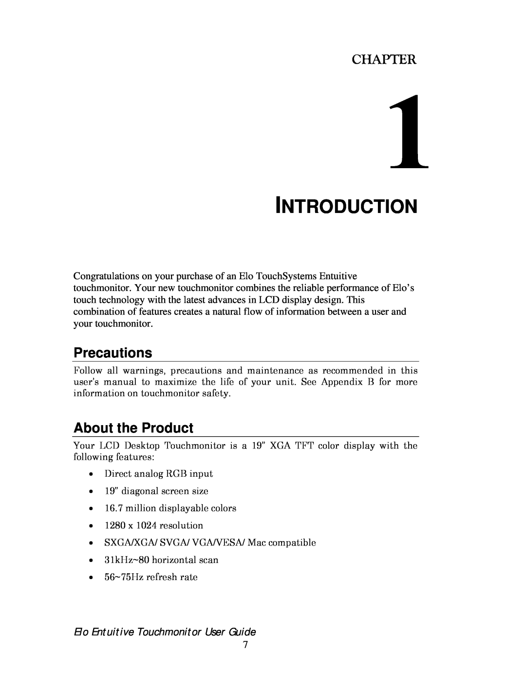 Elo TouchSystems 192XL-XXWA-1 Series manual Introduction, Chapter, Precautions, About the Product 