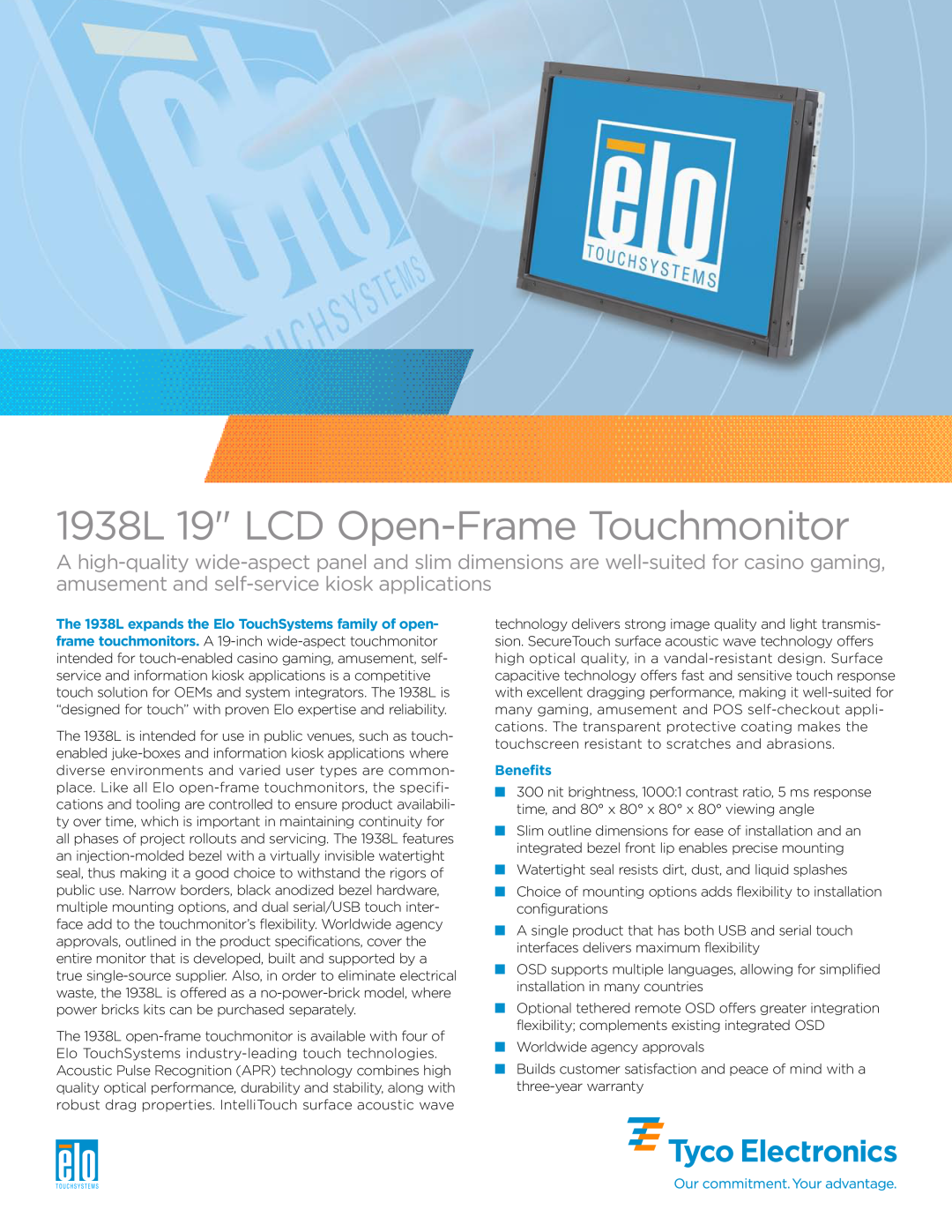 Elo TouchSystems dimensions Benefits, 1938L 19 LCD Open-Frame Touchmonitor 