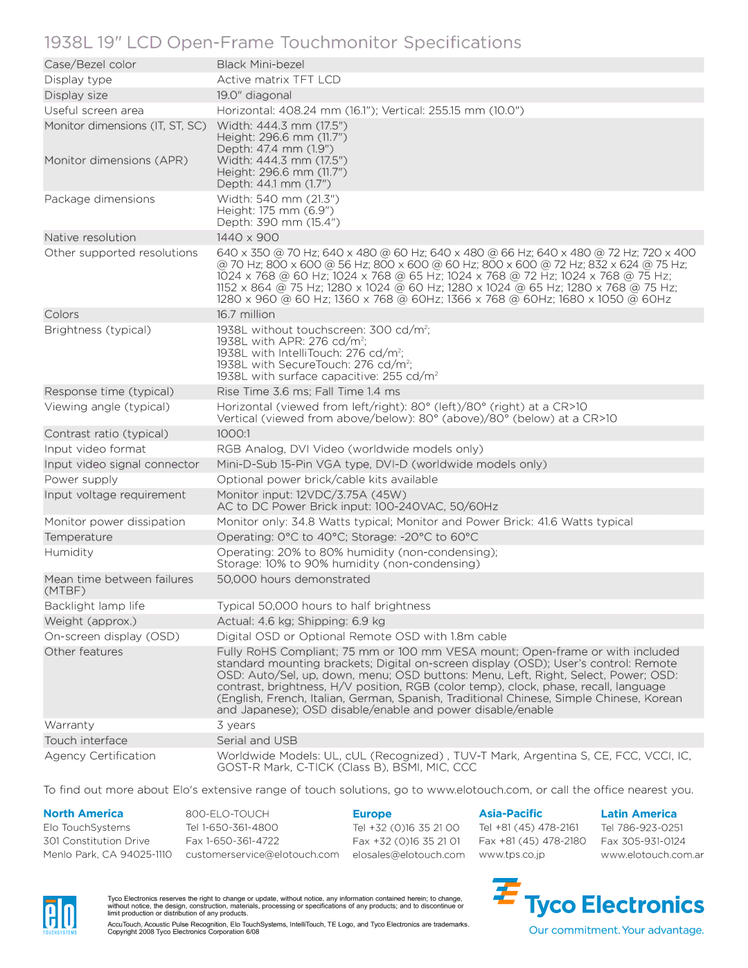 Elo TouchSystems dimensions 1938L 19 LCD Open-Frame Touchmonitor Specifications, Mtbf, North America 