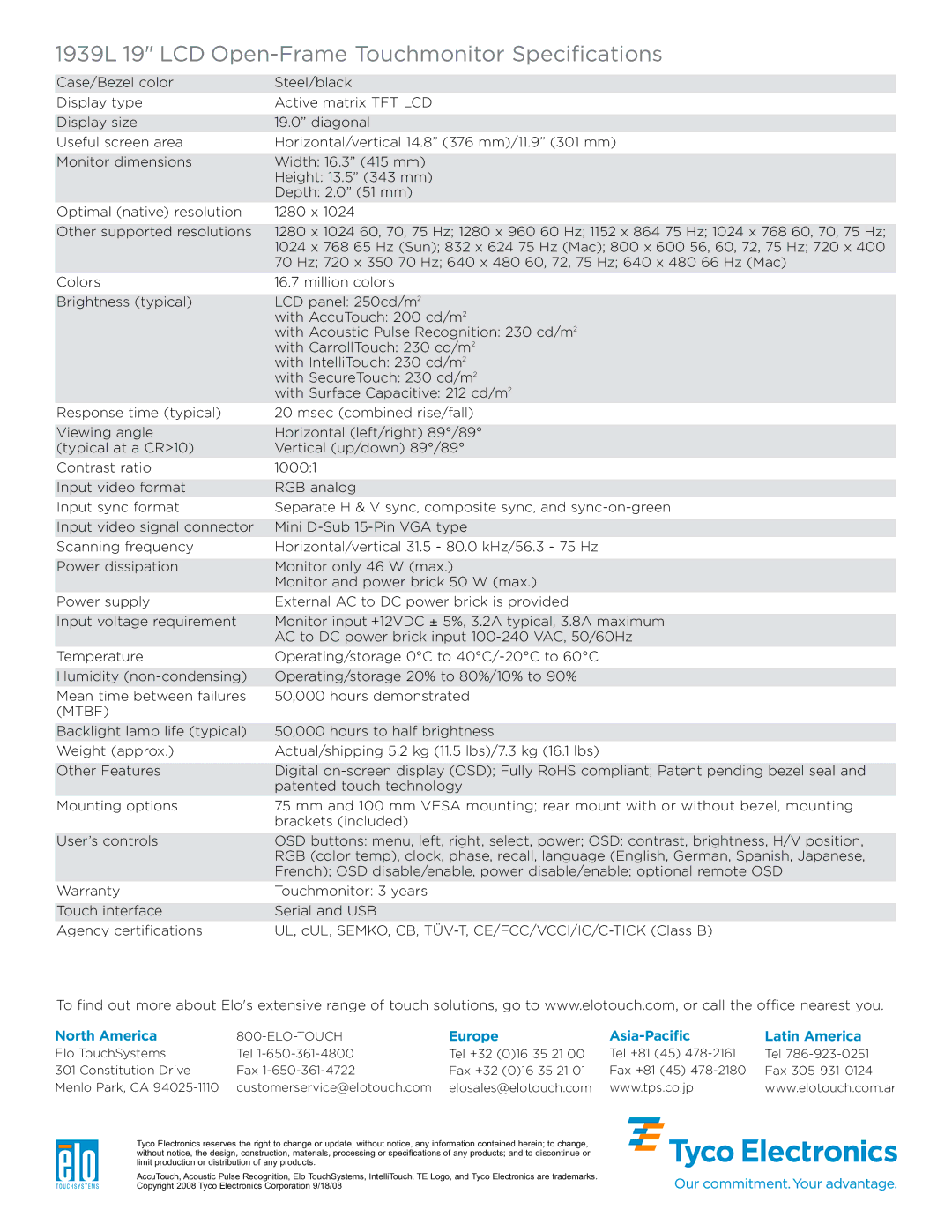 Elo TouchSystems specifications 1939L 19 LCD Open-Frame Touchmonitor Specifications, Mtbf, North America 