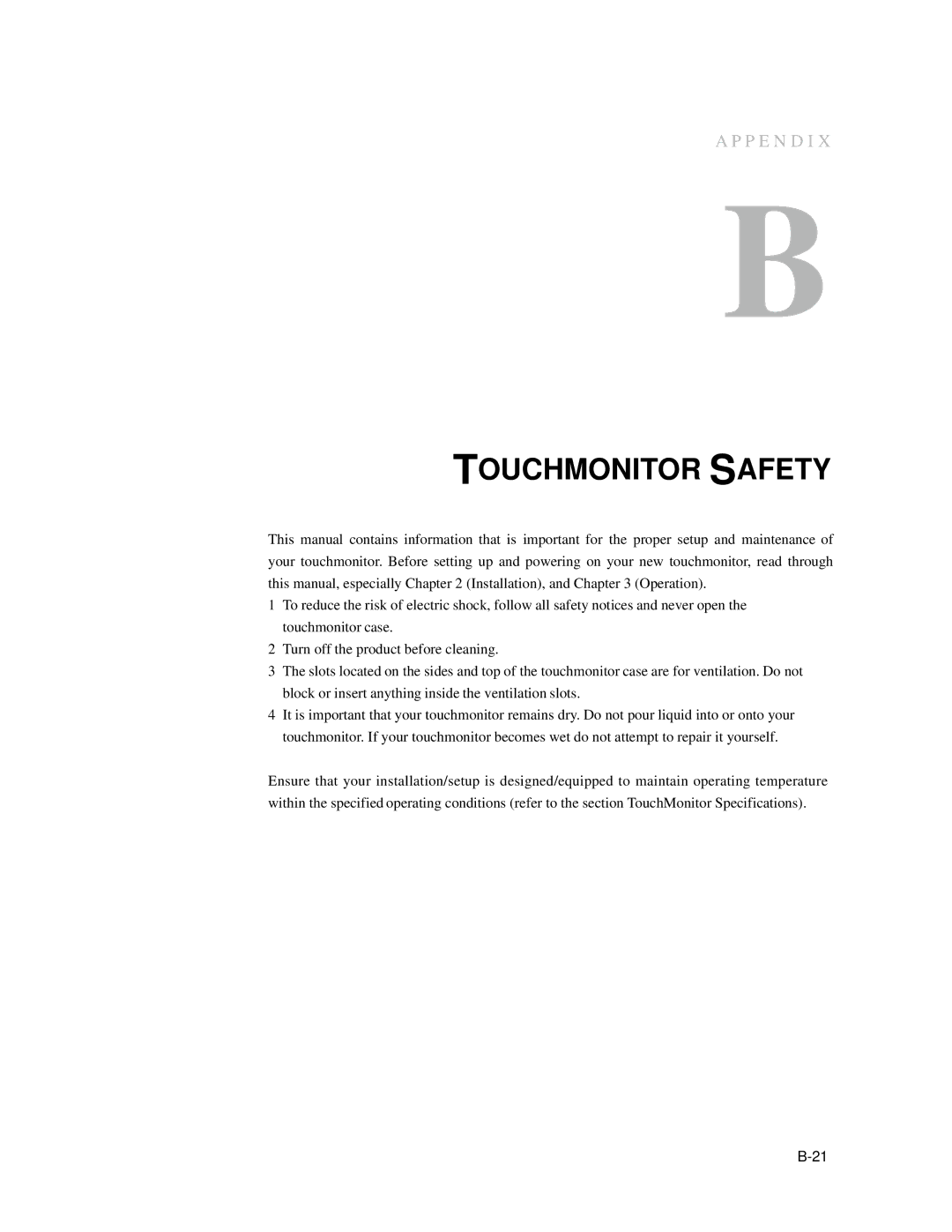 Elo TouchSystems 1939L manual Touchmonitor Safety 