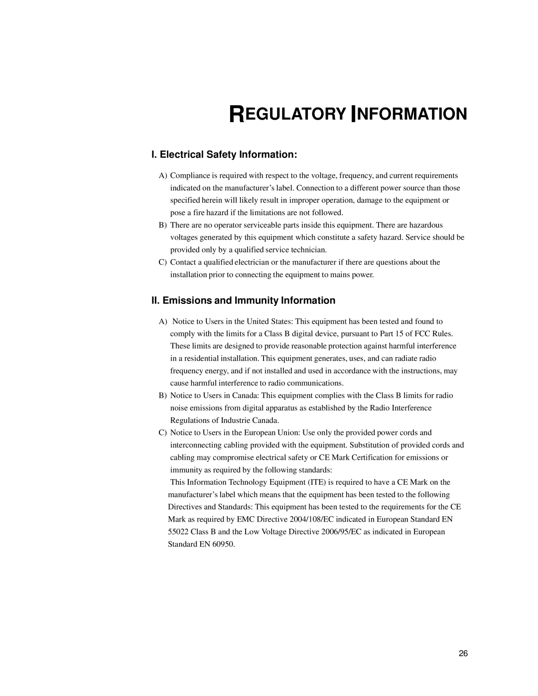 Elo TouchSystems 1939L manual Regulatory Information, Electrical Safety Information, II. Emissions and Immunity Information 